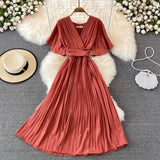 summer new V neck short sleeved dress over the knee slim temperament waist tie big swing pleated Solid Color High