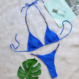 Toloer New Sexy Thong Bikini Metal Chain Rope Swimsuit Split Band Solid Color Women's
