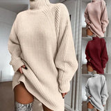 Turtleneck Sweater Dresses Autumn Solid Loose Knitted Dress Elegant Long Sleeve Oversized Winter Female Mini Sweater