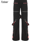 Gothic Bandage Jeans Women Dark Academic Low Waist Wide Leg Pant Harajuku Vintage Emo Hip Hop Denim Trousers Punk