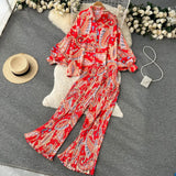 Holiday Fashion Print Two Pieces Sutis Autumn Batwing Sleeve Loose Top+Casual Straight Long Pant 2022 Retro Women