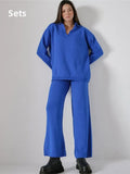 Women's Trousers Suit 2022 Winter Loose Solid Polo Neck Two Piece Set Casual Long Sleeve Knitwear+Wide Leg Pants