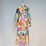 Casual Lace Up Floral Print Long Dress Female Lapel Long Sleeve Gathered Waist Midi Dresses For Women 2021