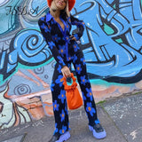 2021 Women V Neck Long Sleeve T Shirt Floral Print Pleated 90s Autumn Elegant Fashion Casual Blue Sexy Top
