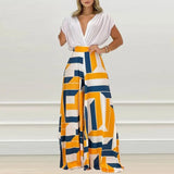 Two Piece Set Women Fashion V-neck Bat Sleeve Top Printed Wide-leg Pants Suit Casual Two Piece Set