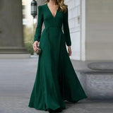 Women Sexy Formal Maxi Dress V Neck Long Sleeve Solid color Bandage Office Ladies Evening Party Prom Gown-Outfit