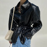 Women PU Leather Blouses 2022 Spring Autumn Faux Leather Basic Female Shirt Turn-Down Collar