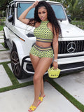 Casual 2 Two Piece Sets Tracksuit Women Outfits Summer 2022 Green Grid Matching Sets Sleeveless Crop Top Biker Shorts