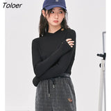 Women Bottoming T-shirts 2022 Winter Long Sleeve Crossover Neckline Slim Fit Stretch Tees Dralon Basic All Match