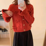 Spring And Autumn New Korean Solid Color Round Neck Bowknot Sweater Women's Fashion Soft Glutinous Warm Style Knitted Cardigan-Outfit