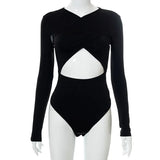 ArtsuWomen Sexy Cross Tops Hollow Out Rompers Slim Lady Summer Long Sleeves Bandage Skinny Bodysuit Bodycon