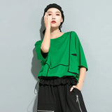 Women Red Pocket Split Joint Big Size T-shirt New Round Neck Three-quarter Sleeve Fashion Tide Spring Summer 2023