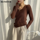 Autumn Deep O-neck Women Basic Slim Warm Knitted Tops Casual Skinny Stretch Long Sleeve Female Pullover Sweaters