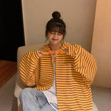 QWEEK Striped Sweatshirt Women Long Sleeve Zip Up Hoodie Korean 2021 Fashion Yellow Top Casual Oversized Streetwear