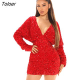 Sequin Mini Lady Women's Dresses Sexy Female Clothing Party Vestido Dress Outfits Red New V-neck Long Sleeve