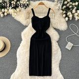 Women Summer Knitted Dress Squre Neck Sleeveless Backless Sheath Sundress Streetwear Ladies Sexy Party Long