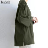 Womens Baggy Solid Blouse ZANZEA 2022 Vintage Flare Sleeve Tops Casual Autumn Blusas Female Split Tunic Oversized