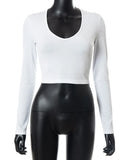 V Neck Cropped Tops White Casual Skinny Korean Fashion Ladies Sexy Long Sleeve Waist 2021 Autumn Sport Basic