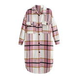 Vintage Plaid Long Woolen Coat Women Long Sleeve Pockets Overcoat Female Turn Down Collar Loose Outerwear Coats