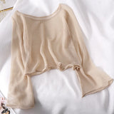 Women Summer Thin Knitting Solid Color O-neck All-match Sun-proof Sexy Flare Sleeve Outerwear Female Tops Simple
