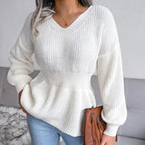 Women Knitted Sweater Lantern Sleeve Ruffled Hem V-Neck Solid Warm Pullover Ladies Elegant Korean Causal Sweaters 2021 Top