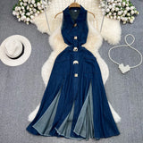 Collar Claved Open Waist Thin Sleeveless Single Buckle A Word Open Fork Denim Dress Casual