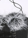 Women's Denim Short Tank Tops Slim Halter Lace-up Backless Spliced Plush Black Irregular Camis 2024 Spring New Fashion-Outfit