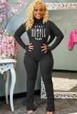 Casual Letter Print High Collar Long Sleeve Top And Stacked Pant Two Piece