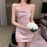 2022 Summer Women Satin Party Dress Spaghetti Strap Pink Silk Sexy Mini