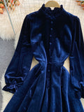 VAREY LIN New Autumn Casual Solid Slim Button Lady Full Dress A Line Stand Collar Chiffon Single Breasted Women