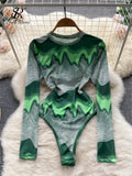 2022 Sexy Women Bodysuits O Neck Long Sleeves Slim Jumpsuit Fashion Vintage Green Striped Print Bodysuits