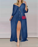Loose Striped Shirt Dress Women Fashion V-neck Long Sleeve Loose Striped Print Slit Maxi Dress for