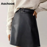 Chic Women Black PU Faux Leather Skirt With Belt High Waist Ladies Mini Skirt Female A Line Fashion Skirts