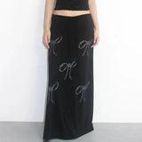 Knitted Low Waisted Fairycore Long Skirts Y2k Bow Print Midi Skirts Women Korean Chic Outfits 2000s Chic New-Outfit