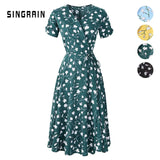 New Summer Print Floral Dress Women V Neck Short Sleeves Chiffon Bohemian Dresses Beach Midi Female Wrap Long