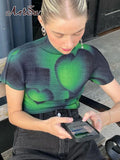 Gradient Heart Print Grunge T-Shirts Women Retro Green Vintage t shirt Casual Summer Tops GREEN Crop Top