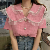 Party Sannian Women Shirt Double-layer Doll Collar Beaded Mesh Stitching Love Three-button Loose Short Shirt Tops Ladies
