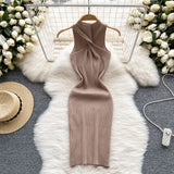 Backless Sexy Women Knitted Dress Summer 2022 Korean Style O Neck Slim Solid Sleeveless Ladies A Line Midi