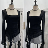 Shooting Collar Low-Breast Sexy Mesh Yarn Long-Sleeved Top Irregular Ribbon To Repair Hottie T-Shirt