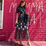 Arrive 2022 High quality Summer Design Black Mesh Embroidered Midi Dress O-Neck Short Sleeve Vintage