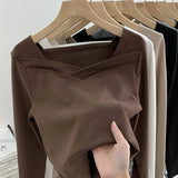 Velvet Bottomed Blouse Women's Autumn And Winter New Design Sense Minority Square Collar Irregular Sanding Western Style Slimming Blouse-Outfit