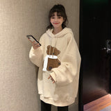 Deeptown Kawaii Hoodie Winter Warm Fashion Hoodies Women Bear Print Long Sleeve Pullover Loose Cute Embroidery Sweatshirt