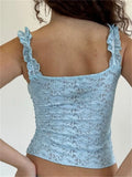 Retro Lace Floral See Through Sleeveless Camis Tops for Women 2023 Ruffle Strap Tie-up O-neck Slim Fit Tank Mini Vest-Outfit