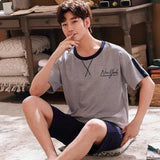 Men Pajama Sets Cotton Male Short Sleeve O-Neck Striped Pyjama Set For Man Summer Sleepwear Suit Leisure Homewear