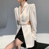 White Casual Blazer For Women Notched Long Sleeve Hollow Out Korean Straight Blazers Female 2021 Spring Fashion
