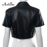 Black PU Leather Button Up Short Sleeve Crop Top T Shirt Women Fashion 2021 Streetwear Vintage