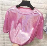 stylish bright silk woman tops shiny loose short sleeve t-shirt sexy club aesthetic harajuku women