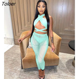 Womens Outfits Suit Women Set Mesh Sleeveless Crop Top Pants Sets Woman Tracksuit Cross Halter Party Club Clothes