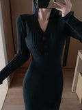 Sexy Long Sleeve V-Neck Knitted Sweater Dress Women Elegant Female Slim One Piece Dresses Korean Office Lady Autumn