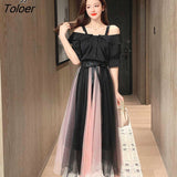 Size Off Shoulder Solid Shirts + Color Matching Mesh Long Skirt Sets Summer Casual Ruffles Slash Neck Female Two-piece